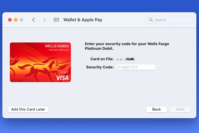 Solicitud para agregar un CVV para una tarjeta en Apple Pay en Mac.