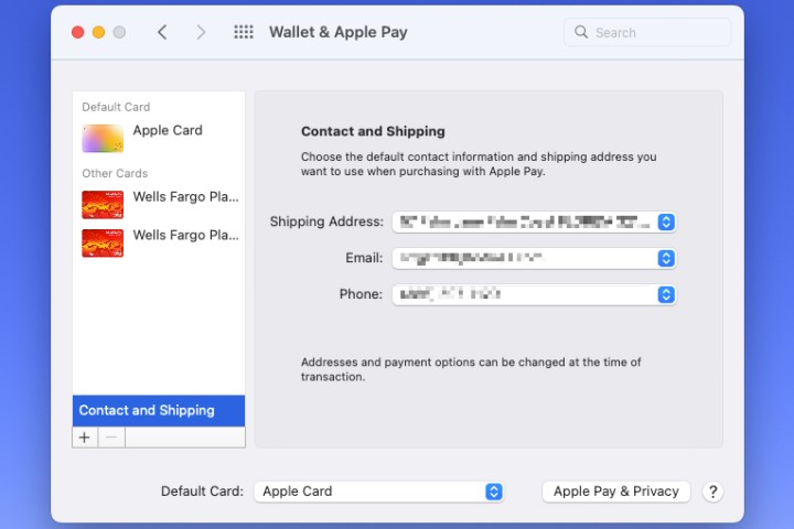 Coordonnées de contact et d'expédition par défaut pour Apple Pay.