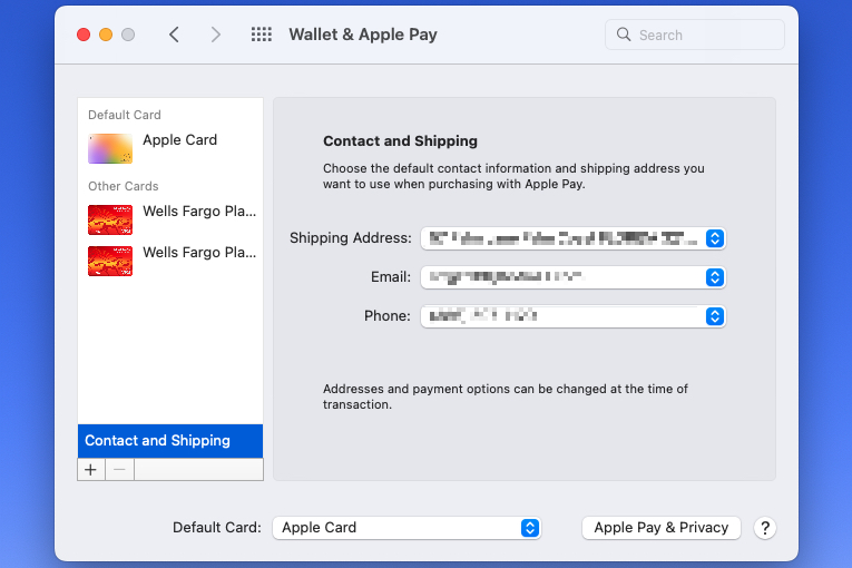 Detalles predeterminados de contacto y envío para Apple Pay.