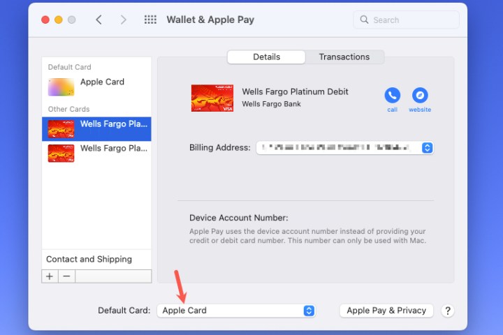 Default card for Apple Pay on Mac.