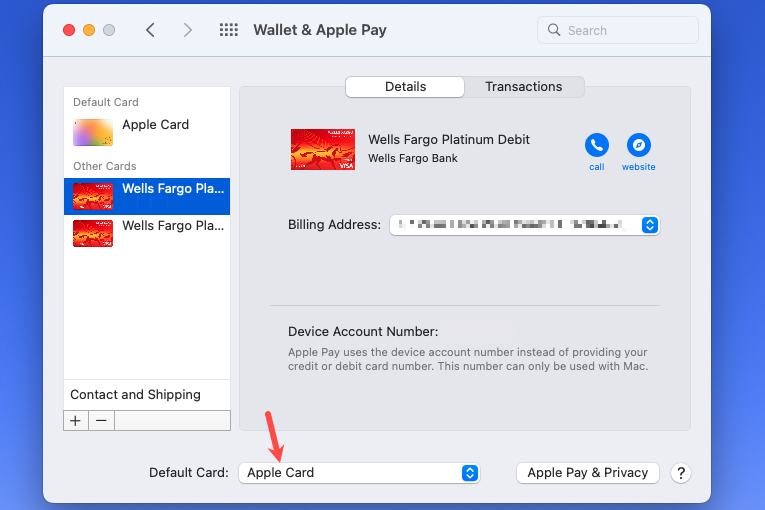 Tarjeta predeterminada para Apple Pay en Mac.