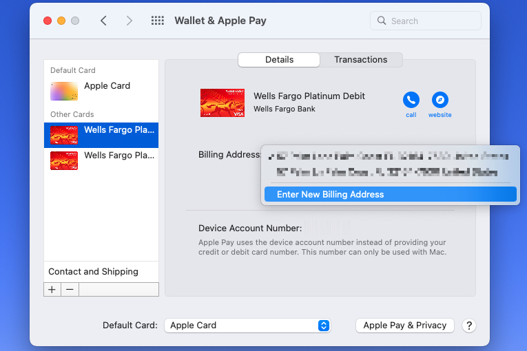 Insira a opção Novo endereço de cobrança para um cartão no Apple Pay.