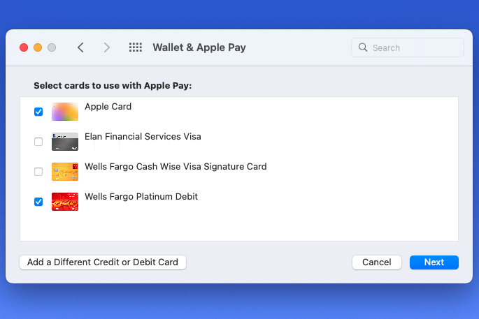 Seleccione tarjetas existentes para Apple Pay en Mac.