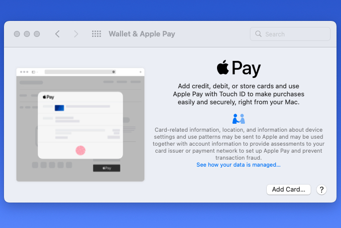 Apple Pay در صفحه راه اندازی مک.