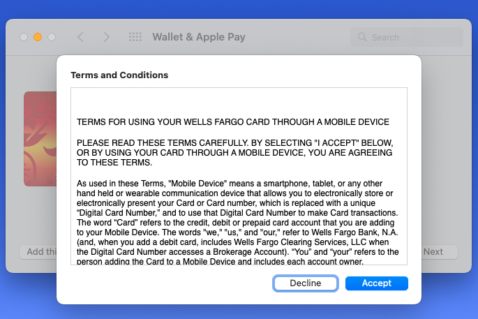 Términos y condiciones para un banco al conectar una tarjeta Apple Pay.