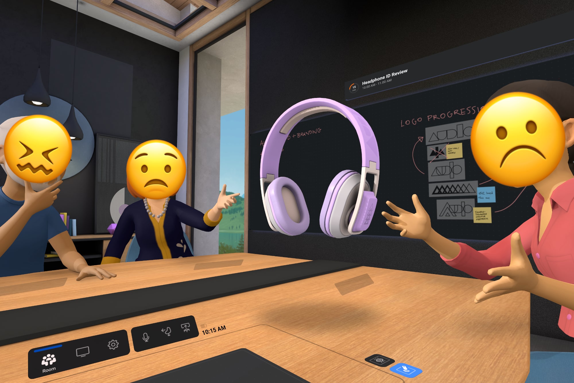 El ejemplo de Meta Quest Pro Horizon Workrooms ha sido alterado con emojis infelices sobre los avatares.
