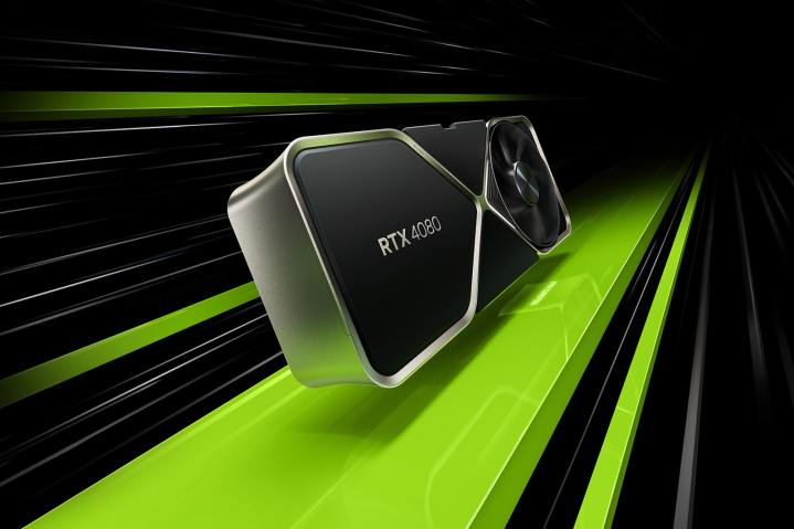 Nvidia GeForce RTX 4080 ग्राफिक्स कार्ड को हरे रंग की परिप्रेक्ष्य रेखाओं पर उड़ते हुए दिखाया गया है।