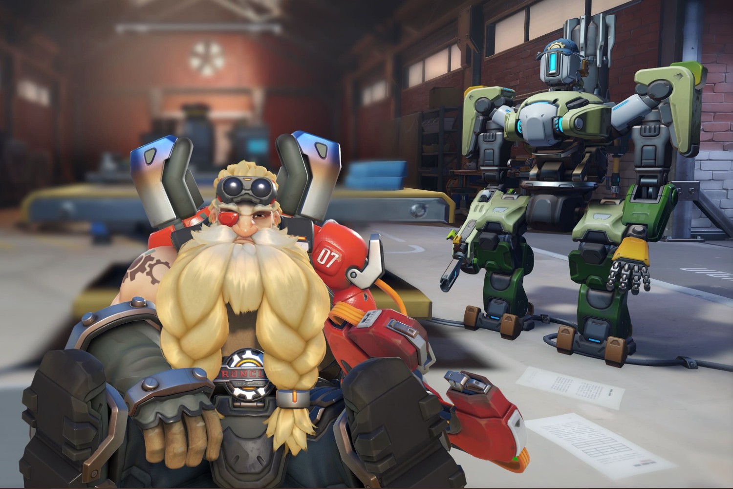 Bastion and Torbjorn sit in the workshop in Overwatch 2.