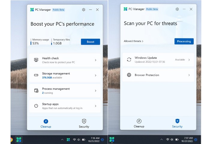 La nueva aplicación PC Manager en un escritorio de Windows 11