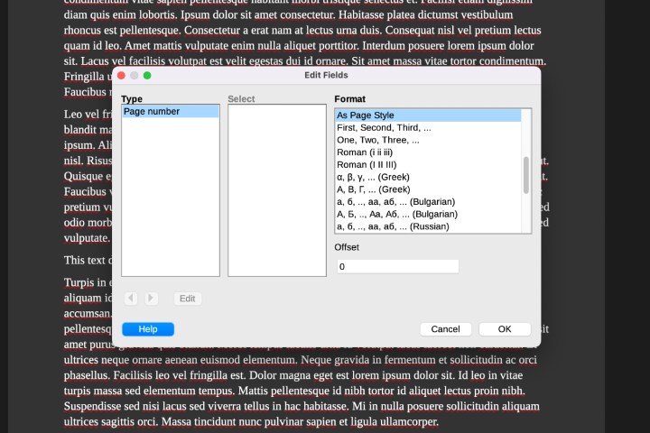 Format des numéros de page LibreOffice.