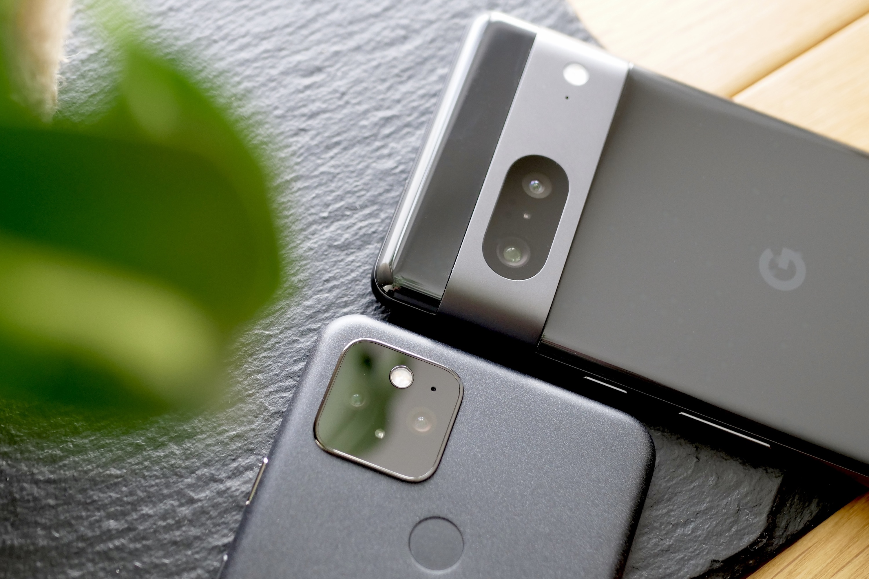 The Google Pixel 5 and Pixel 7's camera modules.