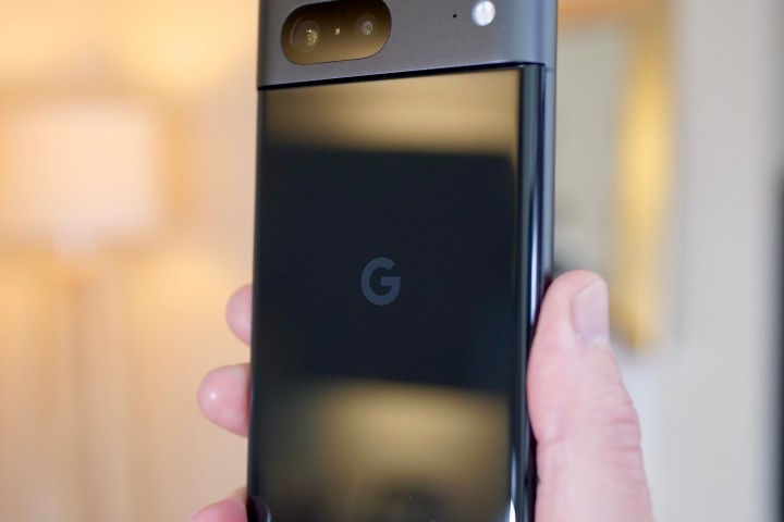 The Google logo on the back of the Google Pixel 7.