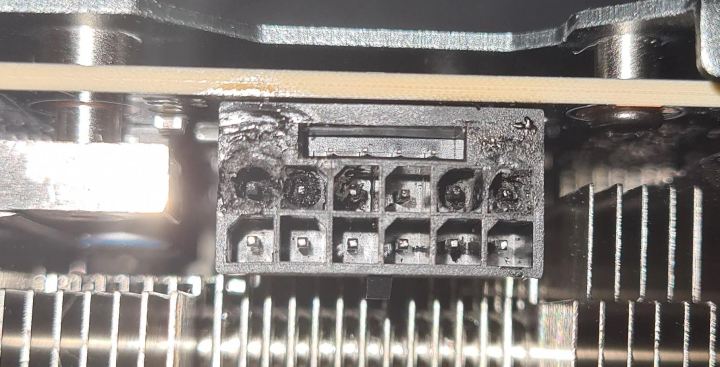 A melted power connector on the Nvidia RTX 4090.
