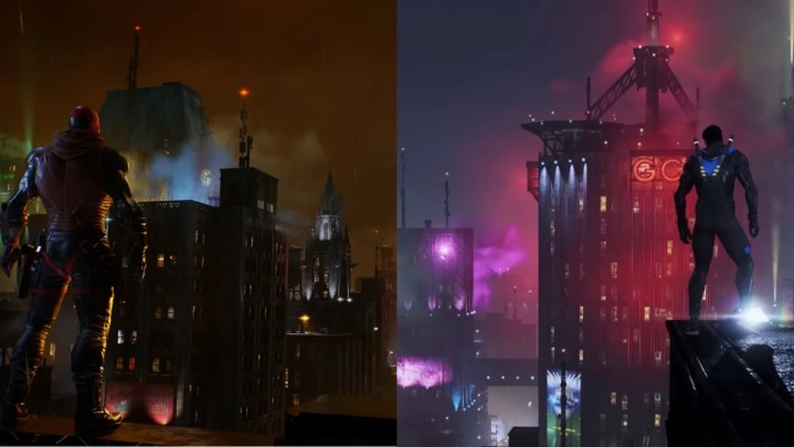 Imagem dividida de Red Hood e Nightwing com vista para a cidade em Gotham Knights.