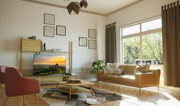 An LG 55-inch A2 Series 4K OLED Smart TV sits in a living room.