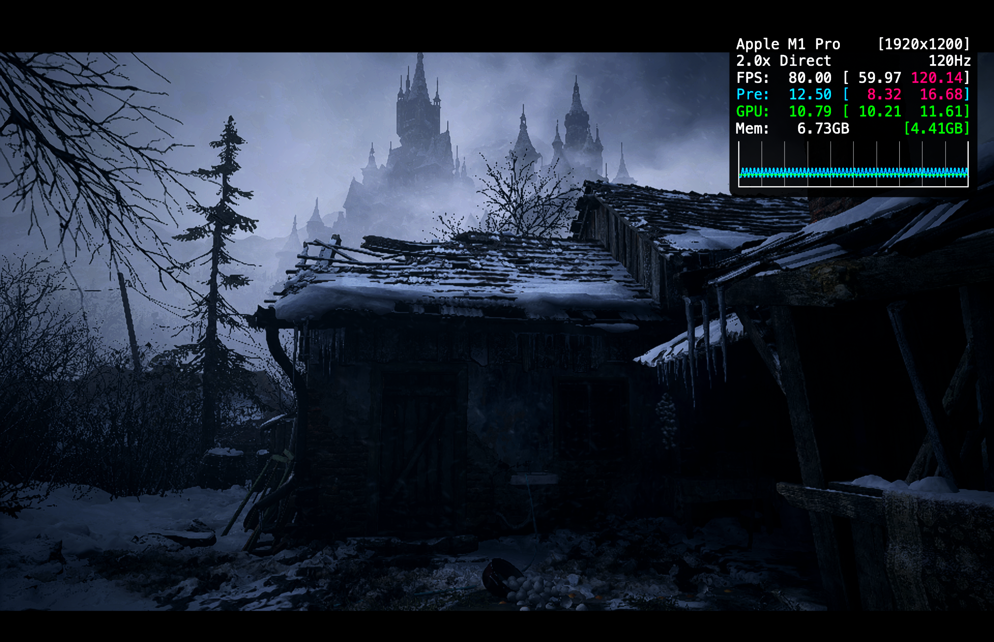 Uma captura de tela de Resident Evil Village no modo Performance.