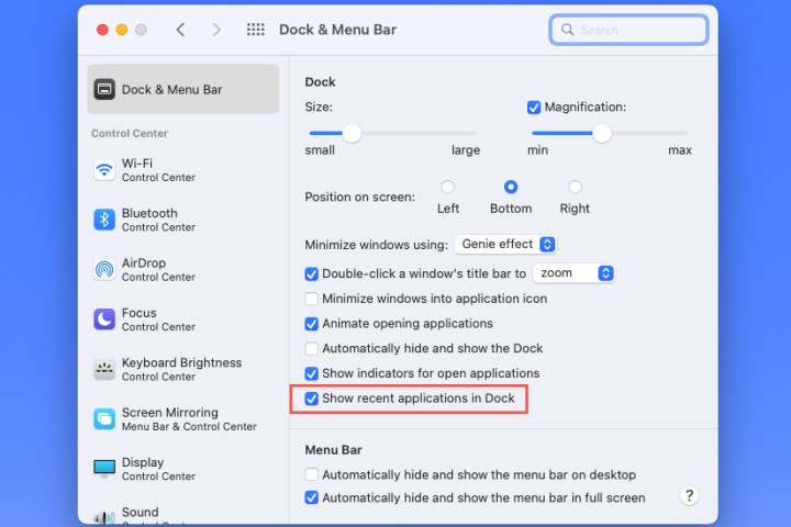 Checkbox to show recent applications in the Dock.