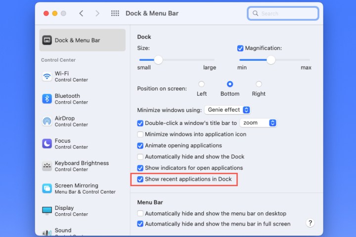 Checkbox to show recent applications in Dock.