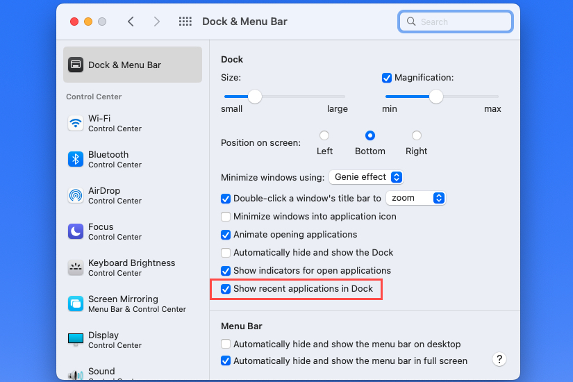 Checkbox to show recent applications in Dock.