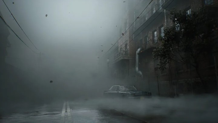 Strada nebbiosa a Silent Hill.