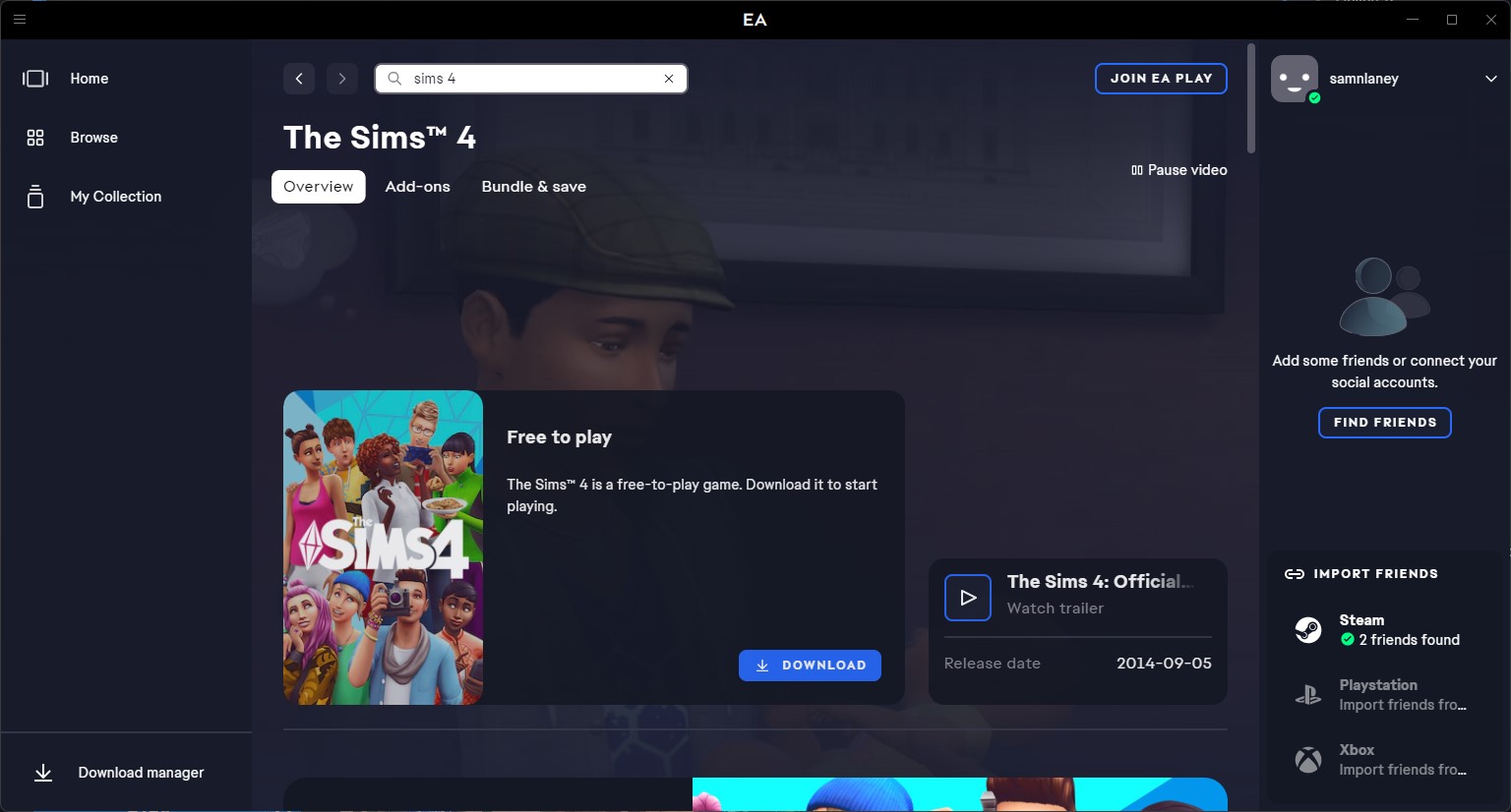 Sims 4 no aplicativo da EA.