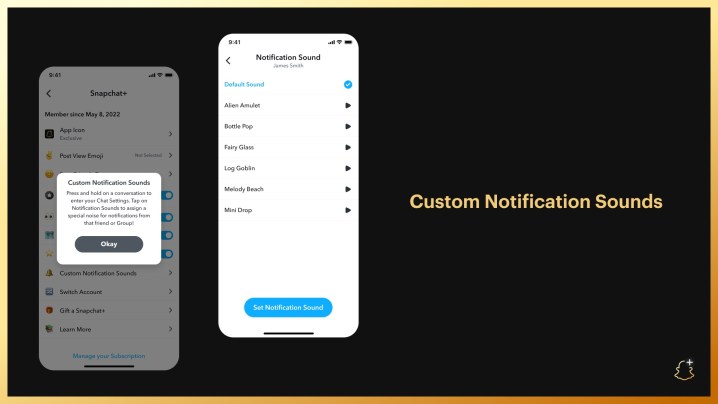 Captura de tela do Snapchat Plus mostrando o novo recurso de sons de notificação personalizados.