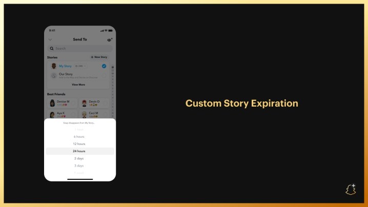 Snapchat Plus screenshot showing new custom story expiration feature.