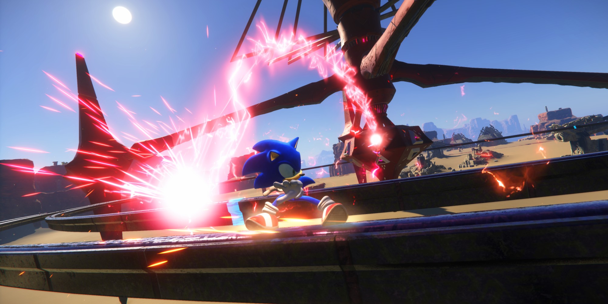 Sonic moendo um trilho para longe do laser arqueado.
