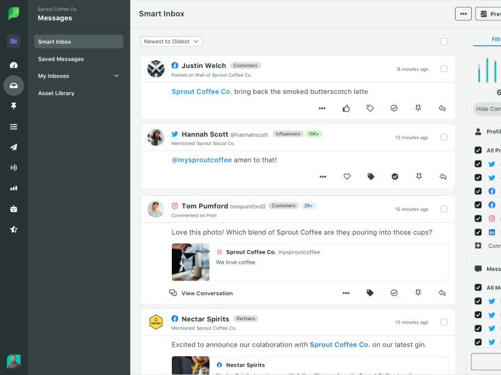 Sprout Social web engagement smart inbox screenshot demo.