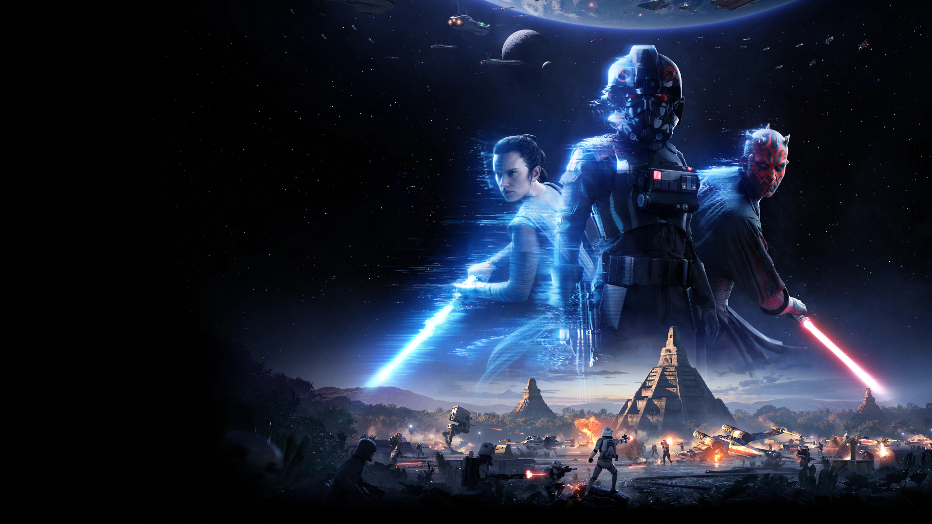 Werbegrafik für Battlefront II mit Rey, Imperial Trooper und Maul.