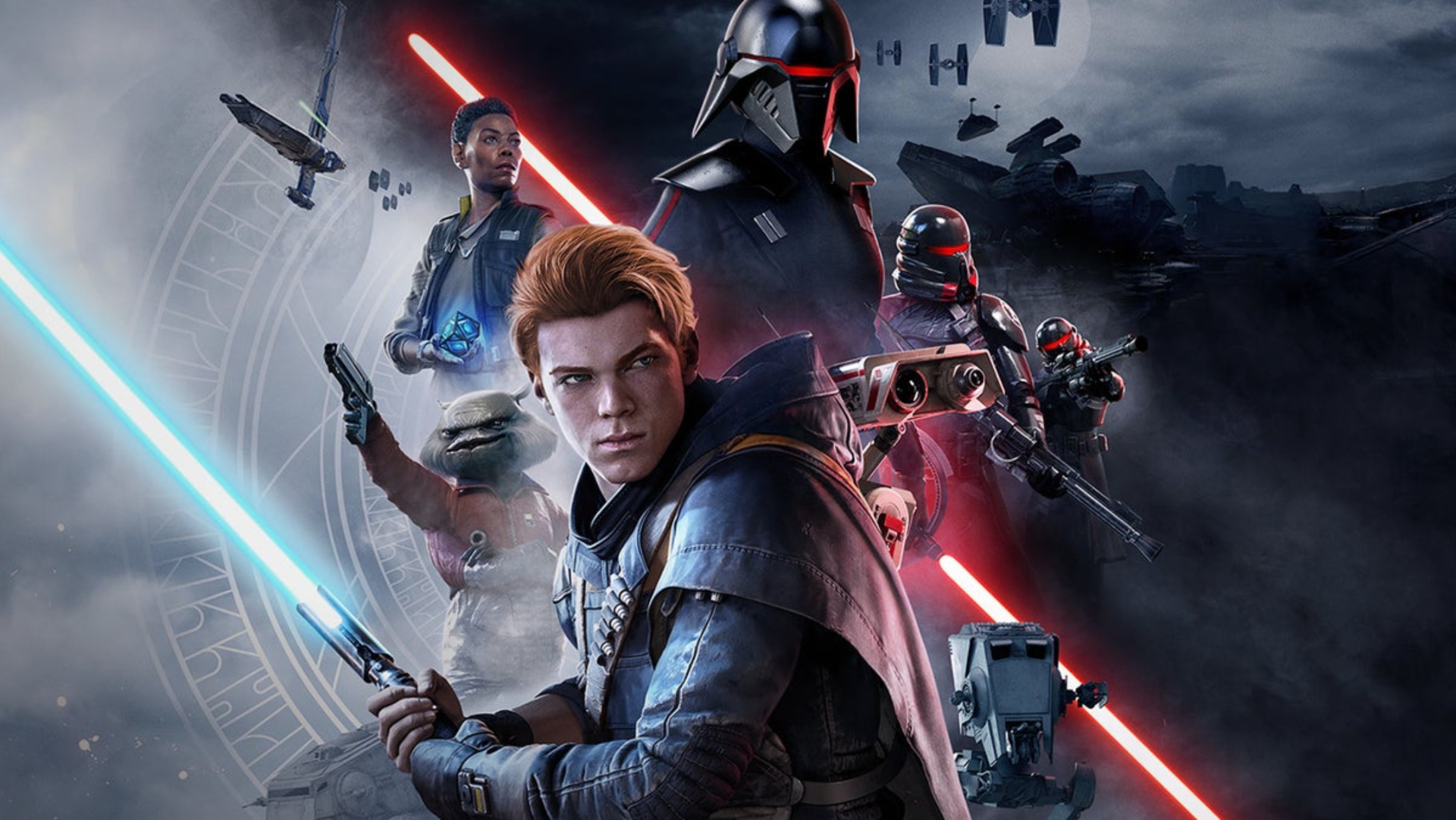 Star Wars Jedi: Fallen Order-Kunst mit einer Collage der Hauptdarsteller.