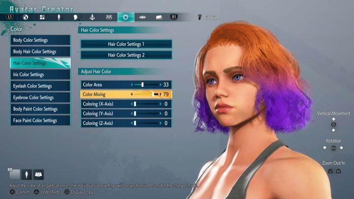 A player creates a female character with colorful hair in Street Fighter 6's Avatar Creator.