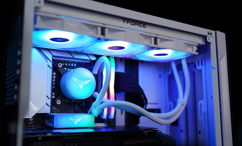 The TeamGroup SIREN DUO360 watercooler shown inside a PC case with the cooler's RGB lighting enabled.