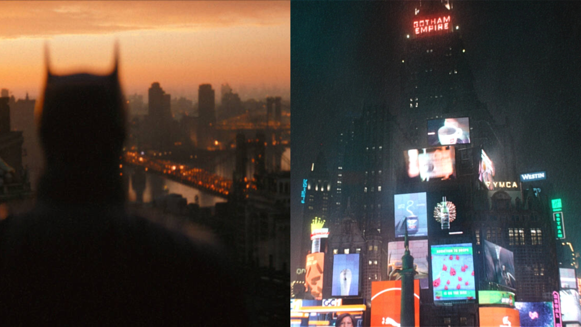 Split image of Batman overlooking Gotham and the neon lights of Gotham Square.