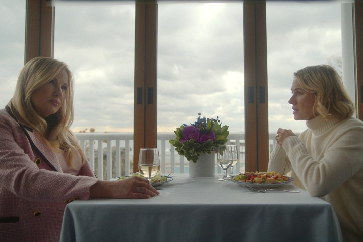 Two women sit at a table and talk in The Watcher.
