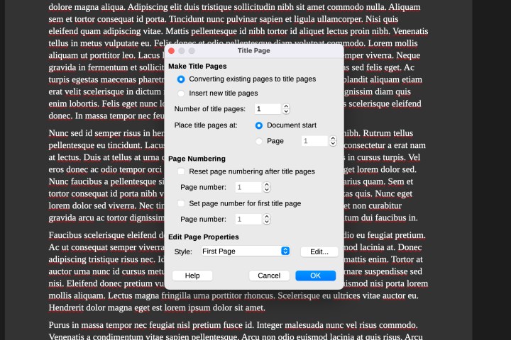Options de page de titre dans LibreOffice.