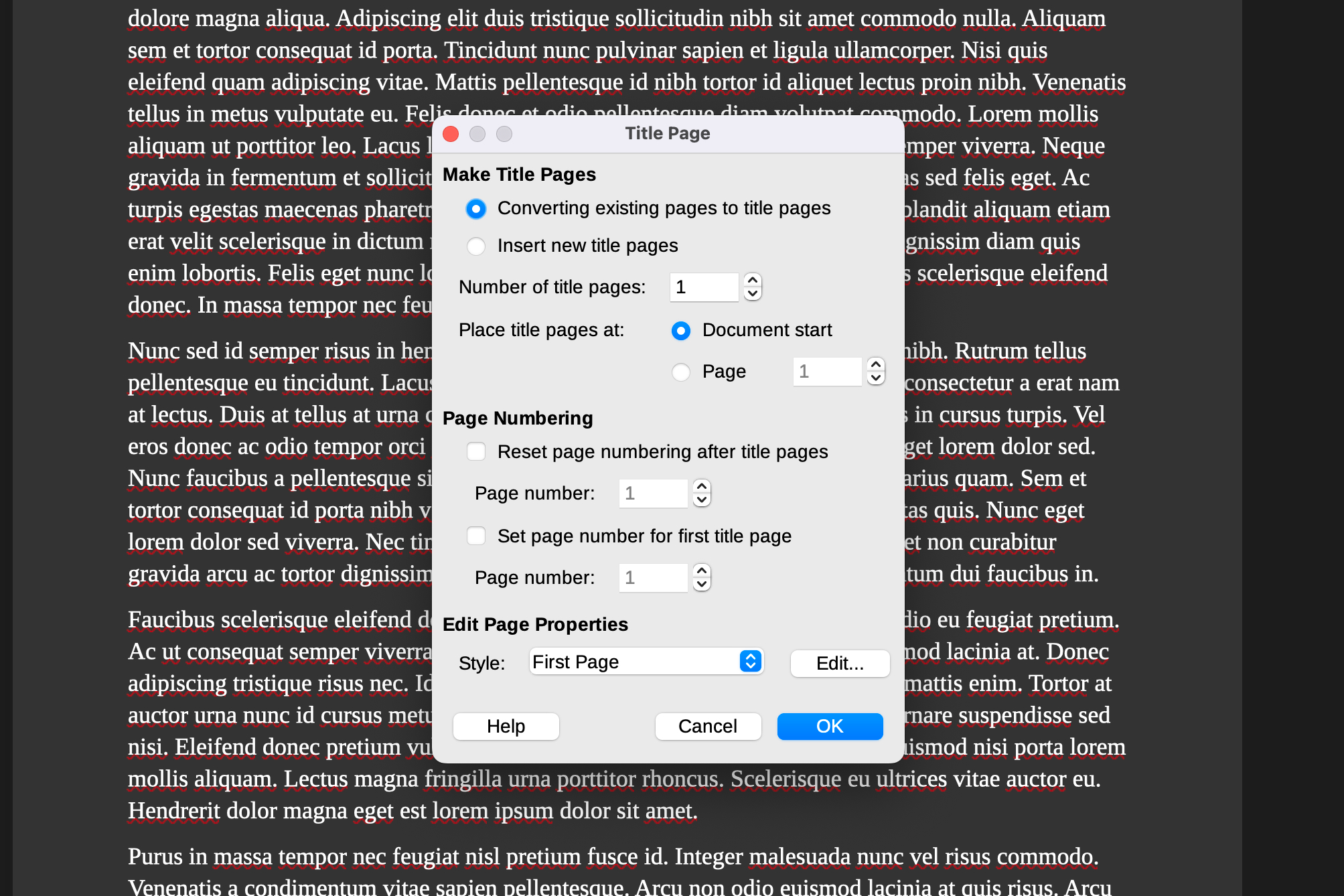 Opciones de página de título en LibreOffice.