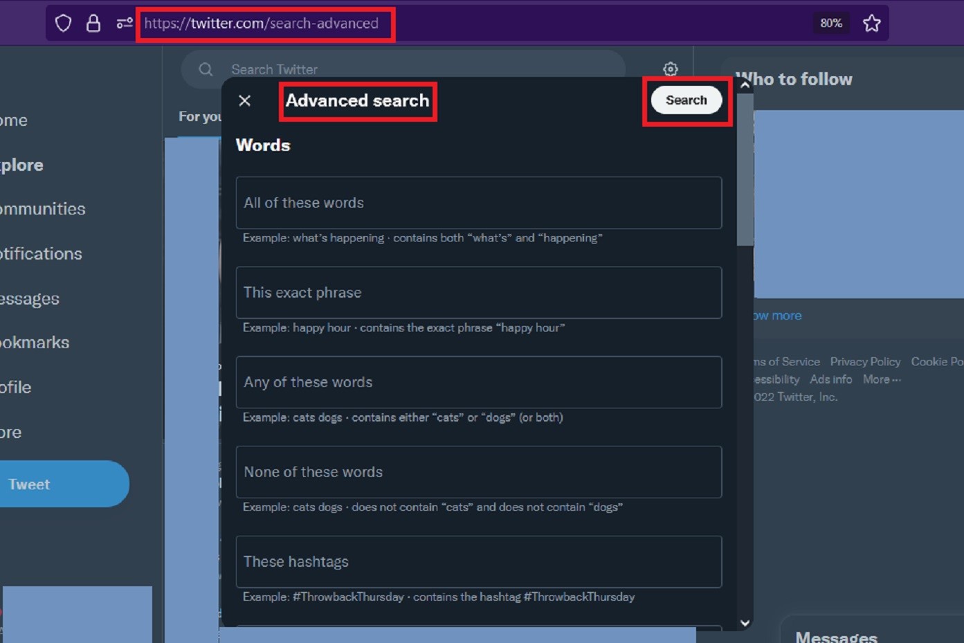 The Twitter advanced search form on the desktop web.