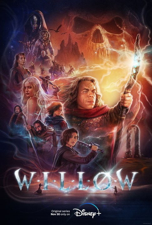 Willow sostiene una varita en un póster para el elenco de Willow.