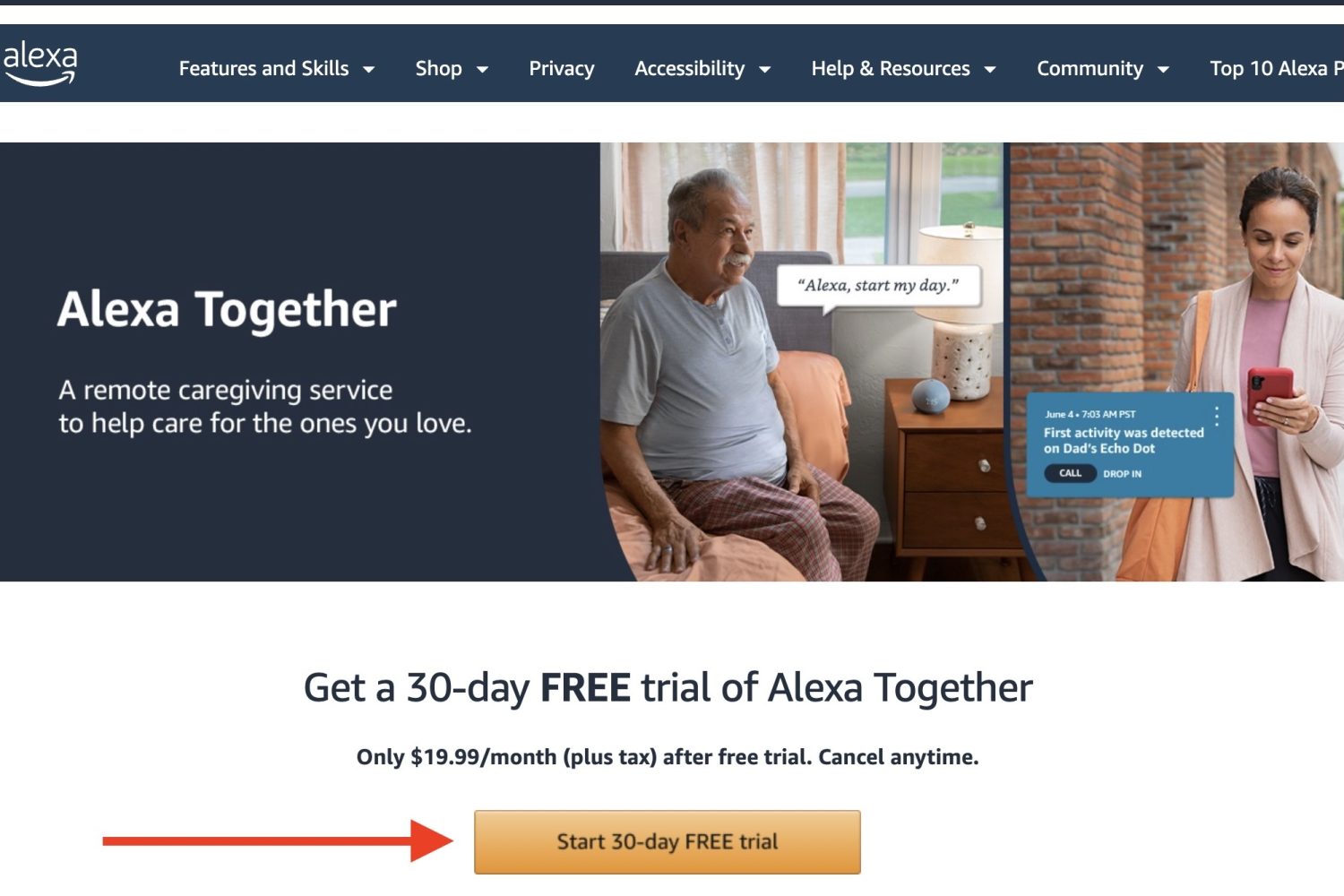A página inicial do Alexa Together.