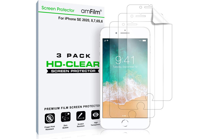 amFilm Flex Film Screen Protector, showing the film being applied to iPhone SE (2022) next to the retail packaging.
