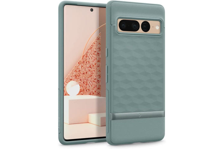 Caseology Parallax Case for the Google Pixel 7 Pro in Sage Green, showing off the geometric design on the rear of the case.