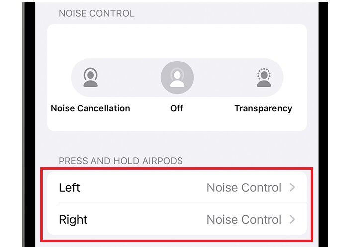 Left and Right control options on AirPods.