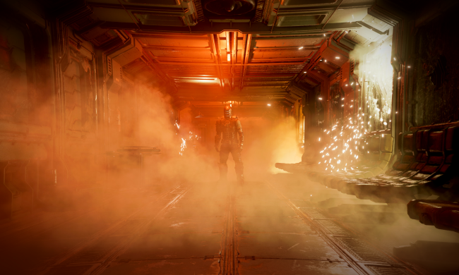 Isaac Clarke stands at the end of a glowing hallway in Dead Space.