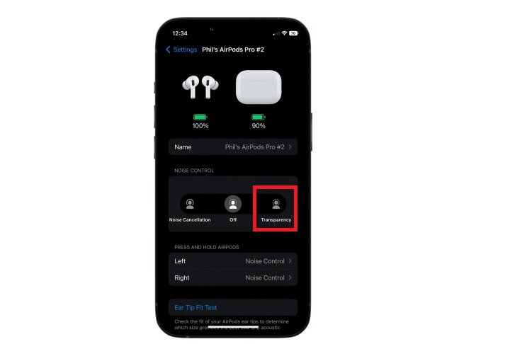 Transparency option in AirPods Pro 2 settings.