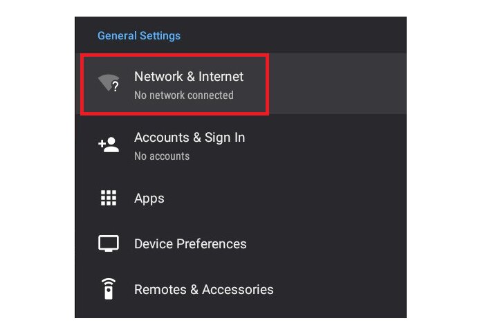 Network and internet option on Android TV settings.