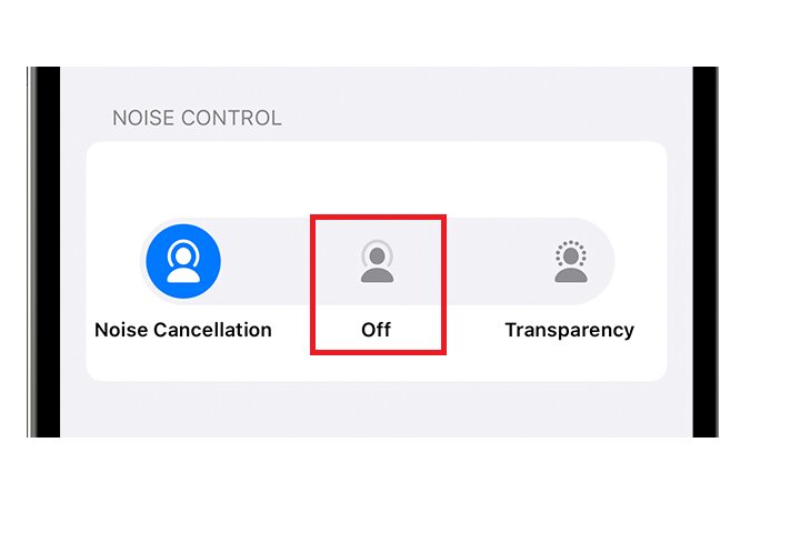 Opções de controle de ruído no menu de configurações dos AirPods.