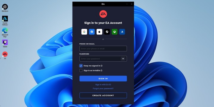 EA App login screen on PC