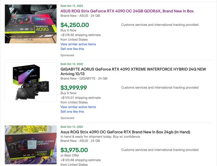 ebay listings showing rtx 4090 cards listed at $5000