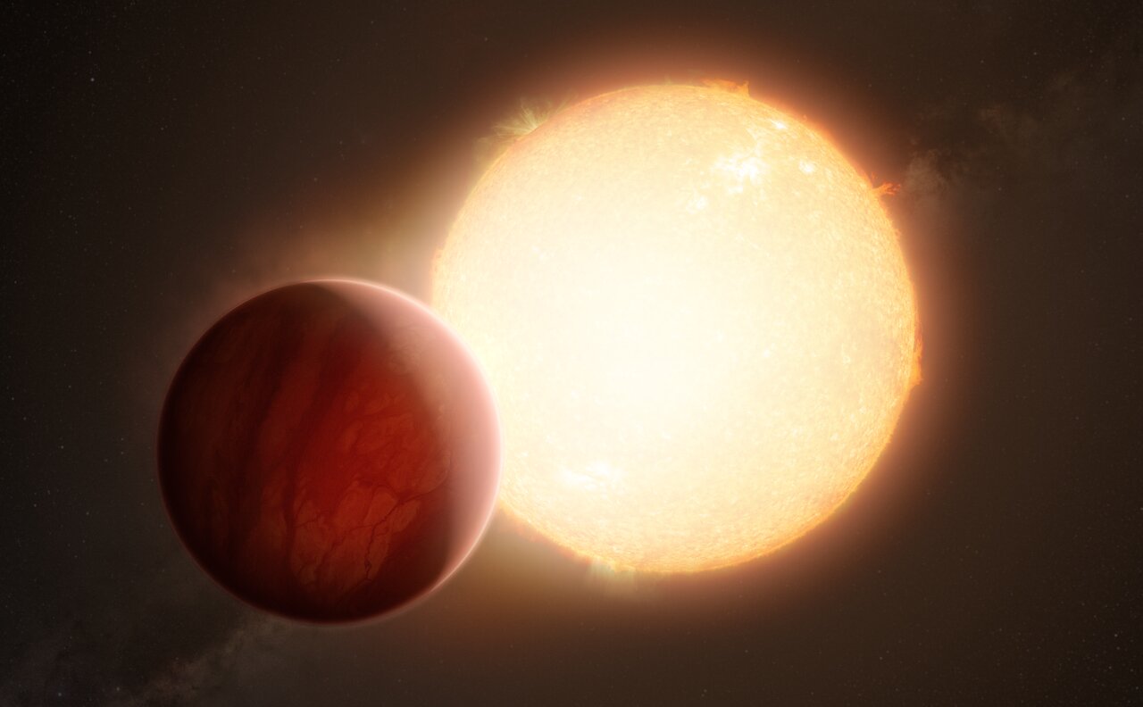 Artist’s impression of an ultra-hot exoplanet as it is about to transit in front of its host star.